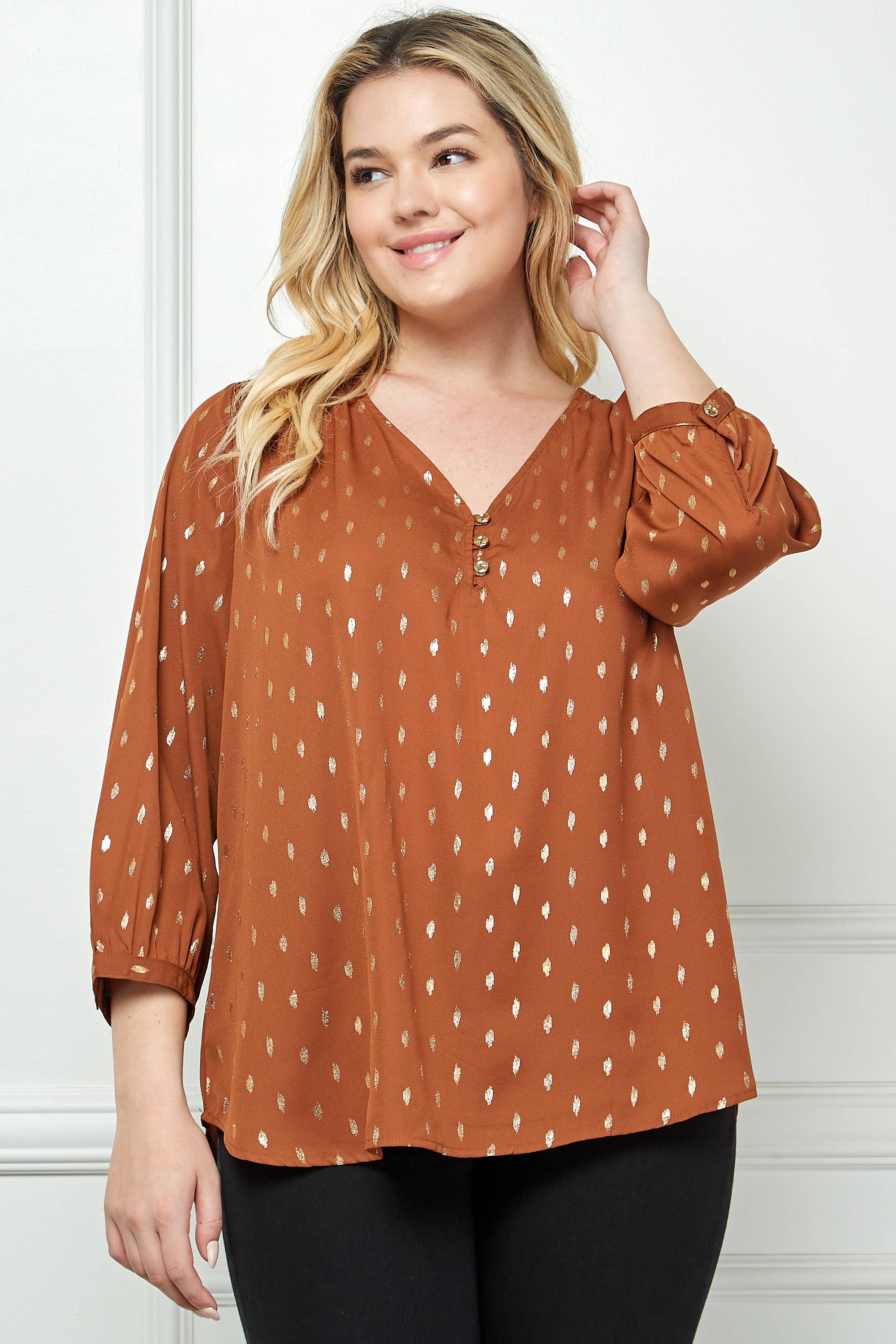 Plus Size Gold Dash Foil Blouse – Cuff Sleeve Smock Shoulder V-Neck